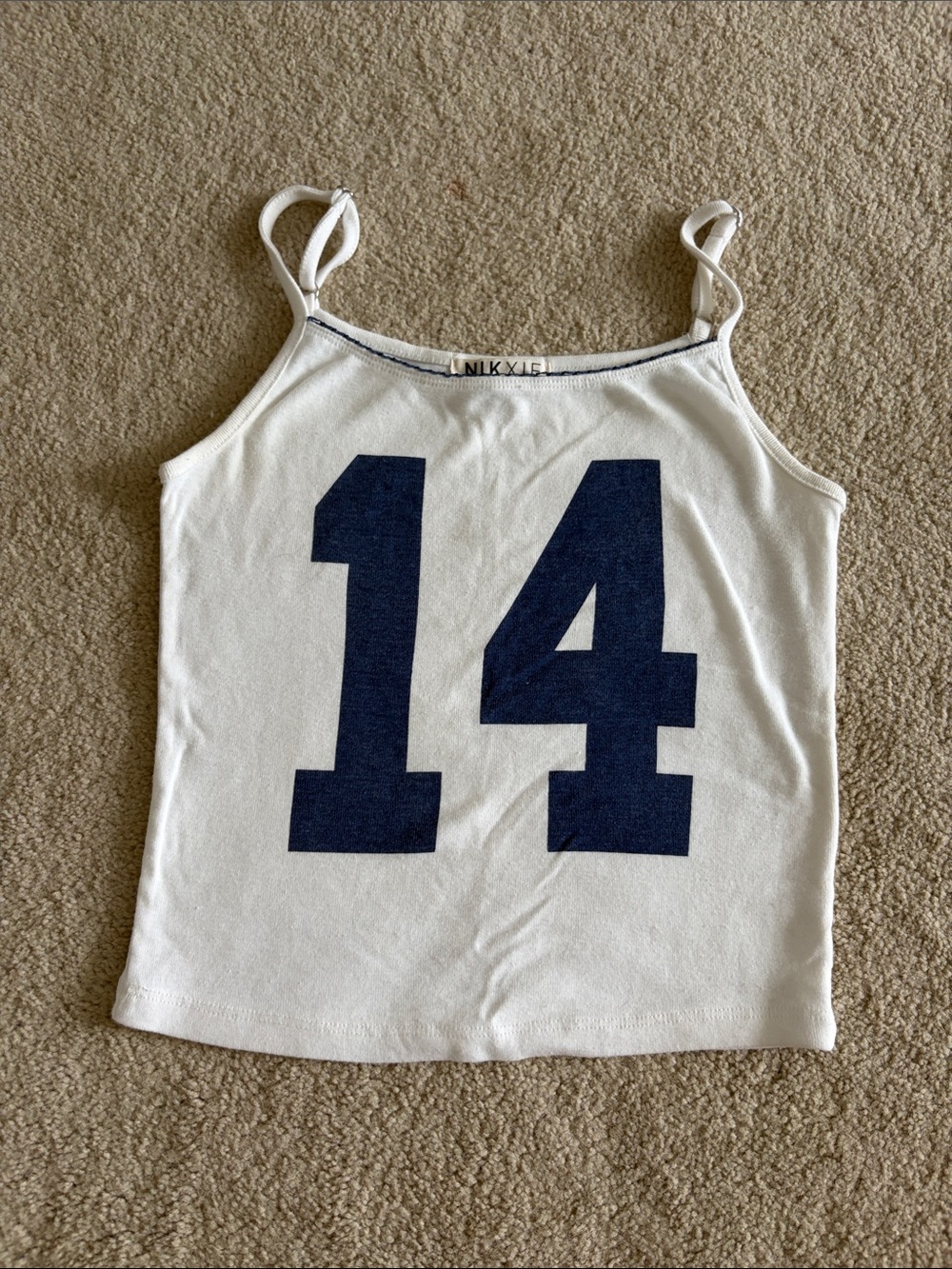 White Tank Top with Navy '14' Graphic